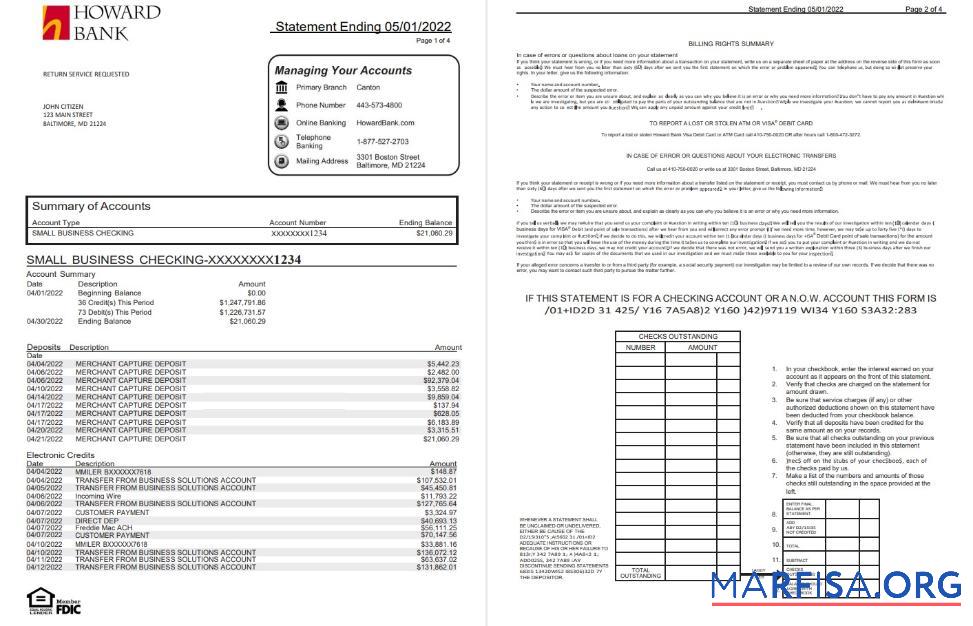 Realistic USA Howard bank statement word 4 pages real example